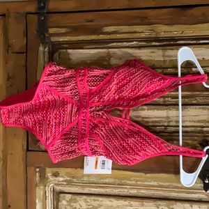 BECCA One Piece Low Cut Swimsuit Crochet Plunge Back Tie Size S